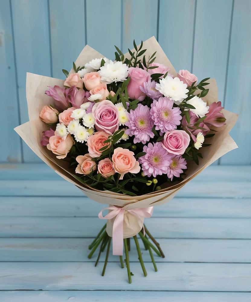 Букет цветов из: Хризантемы, Розы и Альстромерии в Ближне-Песочном