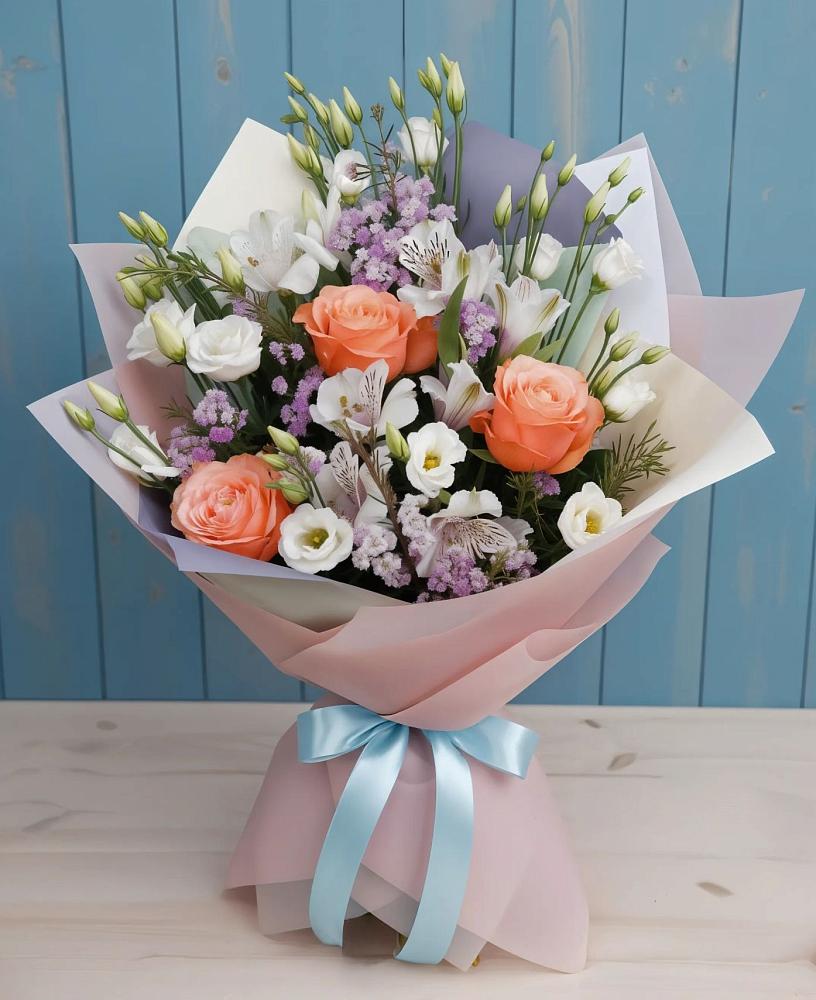 Букет цветов из: Лизиантусы, Розы, Альстромерии и Гипсофила в Ближне-Песочном