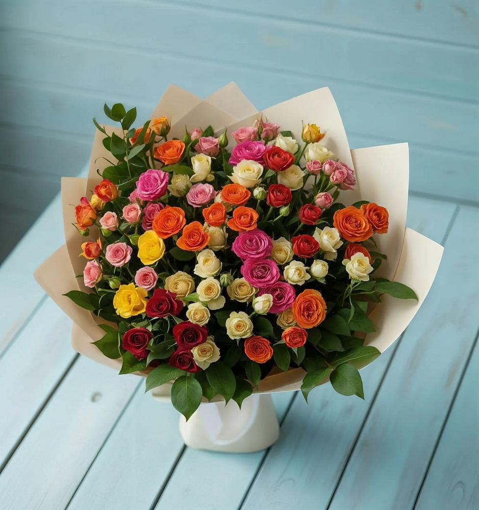 Букет Микс из разноцветных кустовых роз в Ближне-Песочном