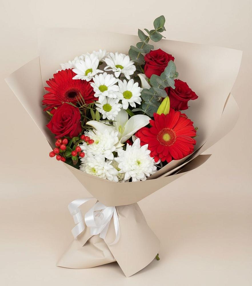 Букет цветов из: Розы, Хризантемы, Герберы и Лилии в Ближне-Песочном