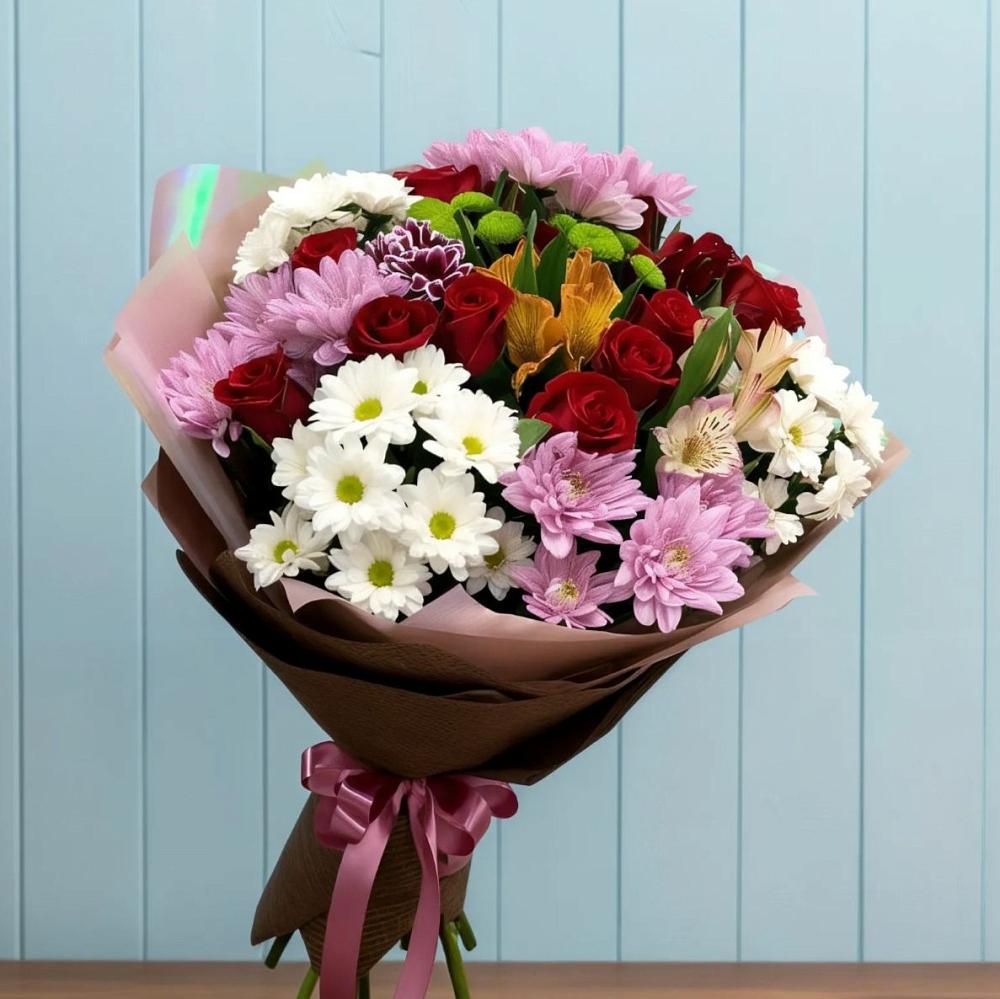 Букет цветов из: Розы, Хризантемы и Альстромерии в Ближне-Песочном