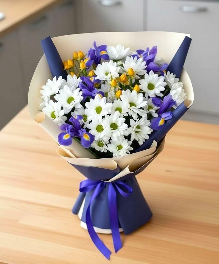 Букет цветов из: Розы, Ирисы и Хризантемы в Ближне-Песочном