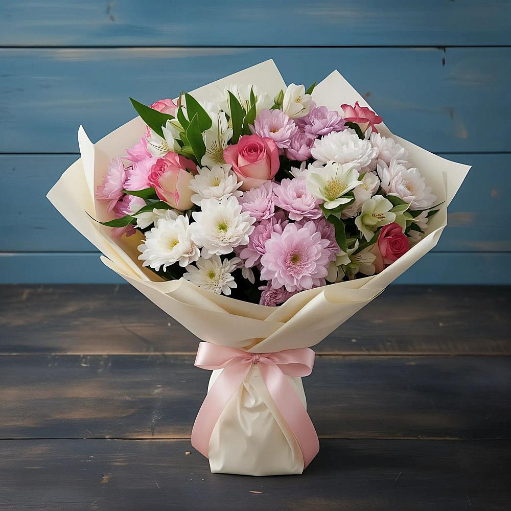 Букет цветов из: Хризантемы, Альстромерии и Розы в Ближне-Песочном